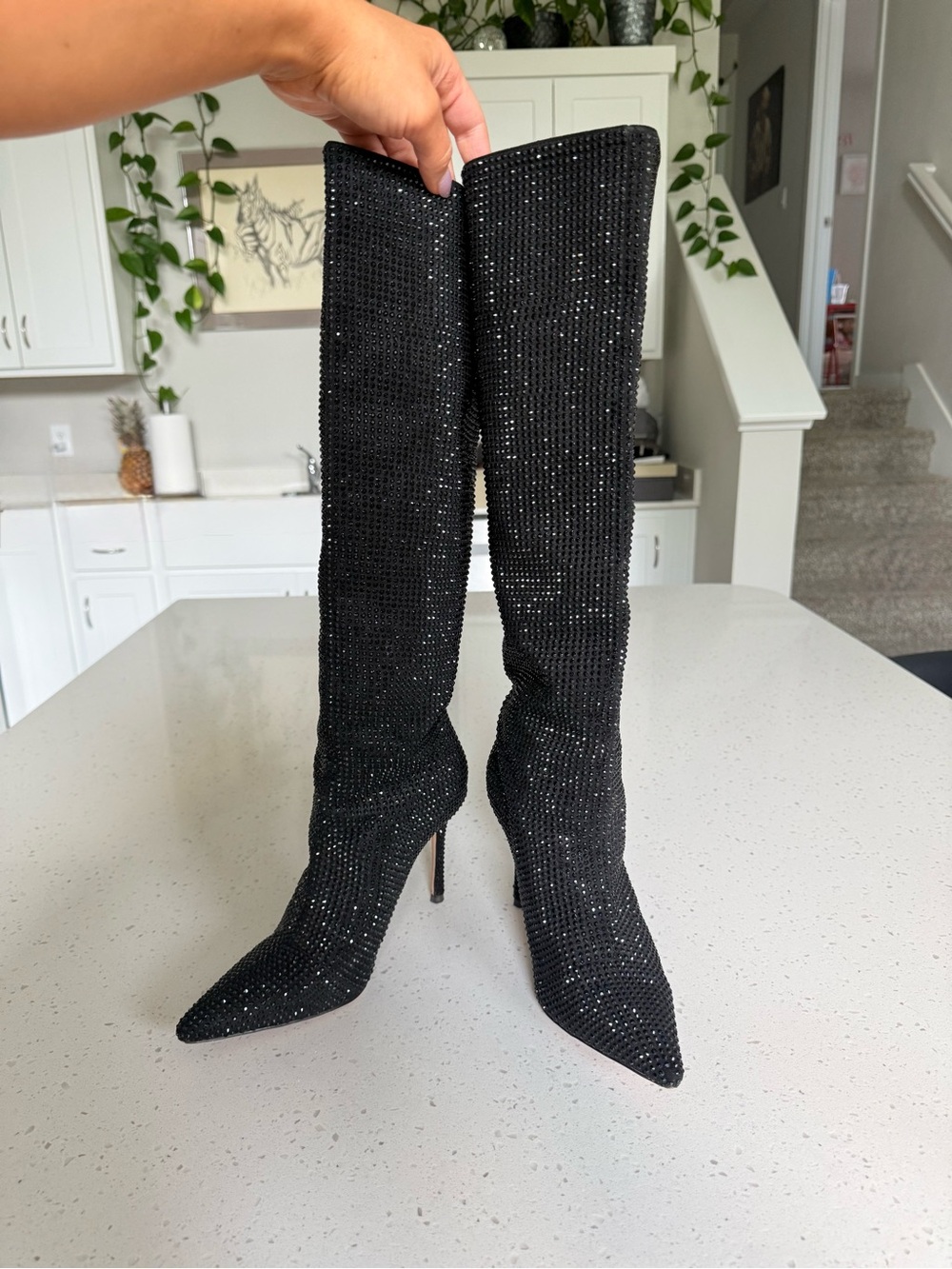 Alias Mae Black Sparkle Knee-High Stiletto Boots - Picture 3 of 11